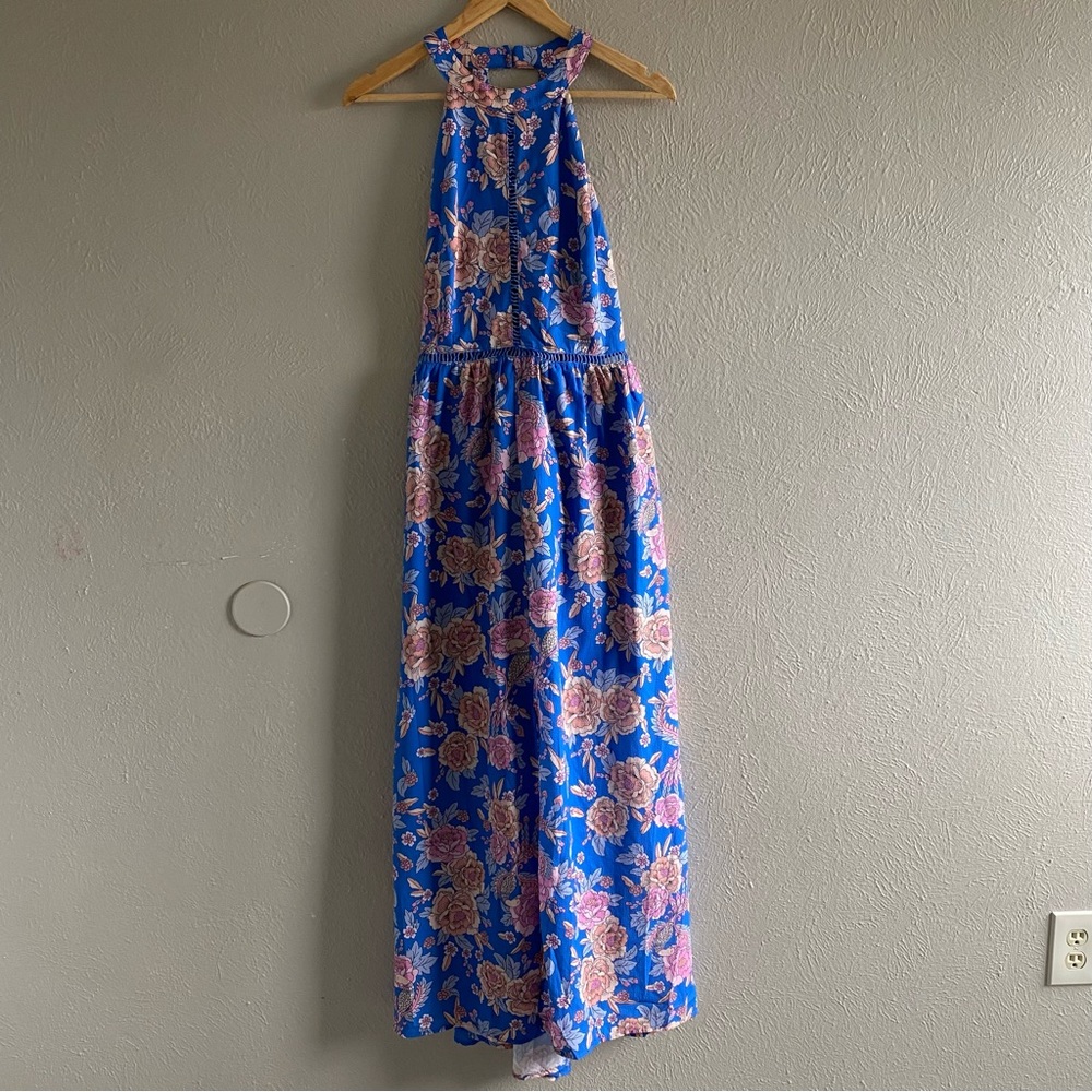 ZESICA Halter Neck Dress Blue Floral Print Backless Split Beach Maxi Size L NWOT